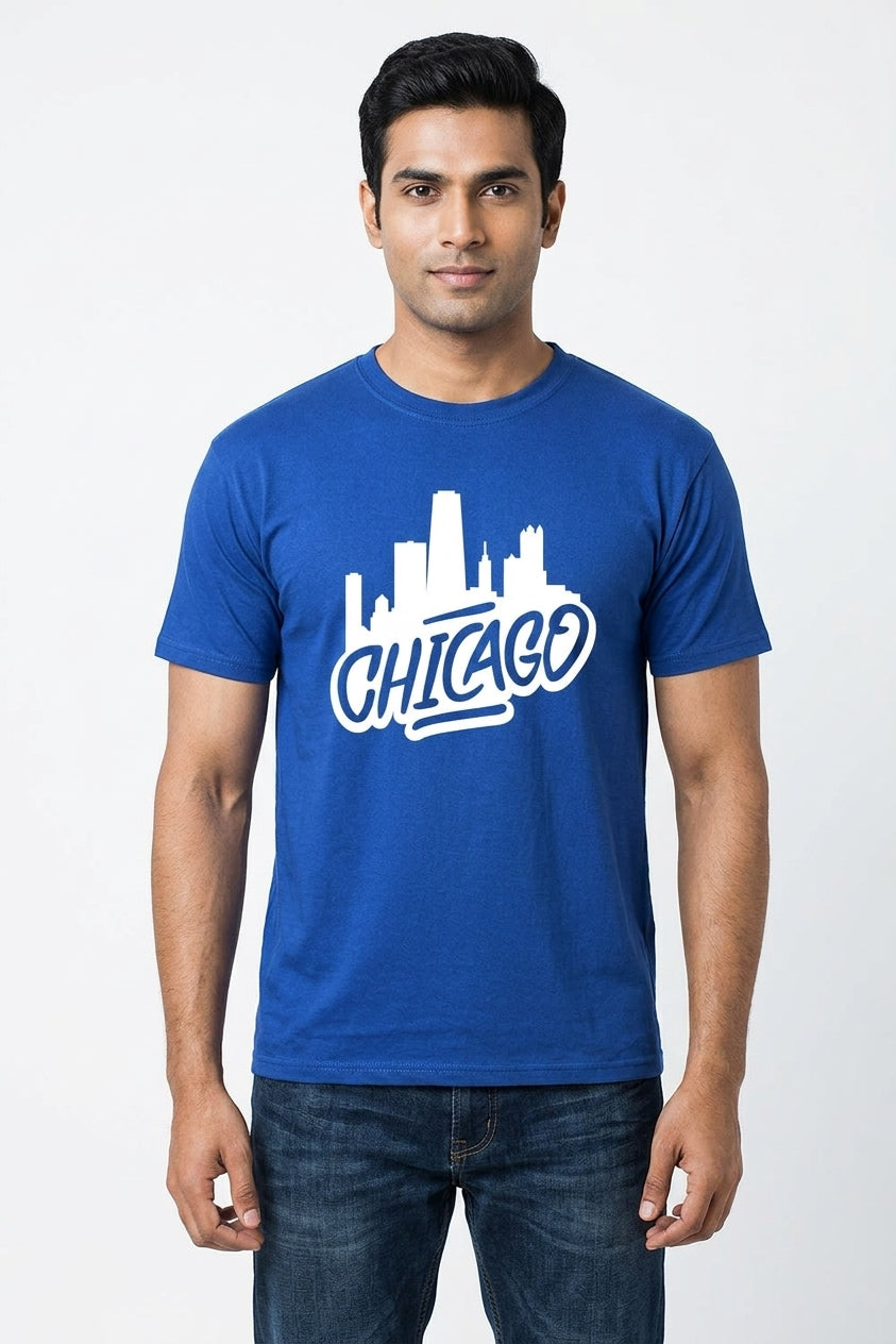Chicago Skyline - Retro silhouette print blue casual t-shirt