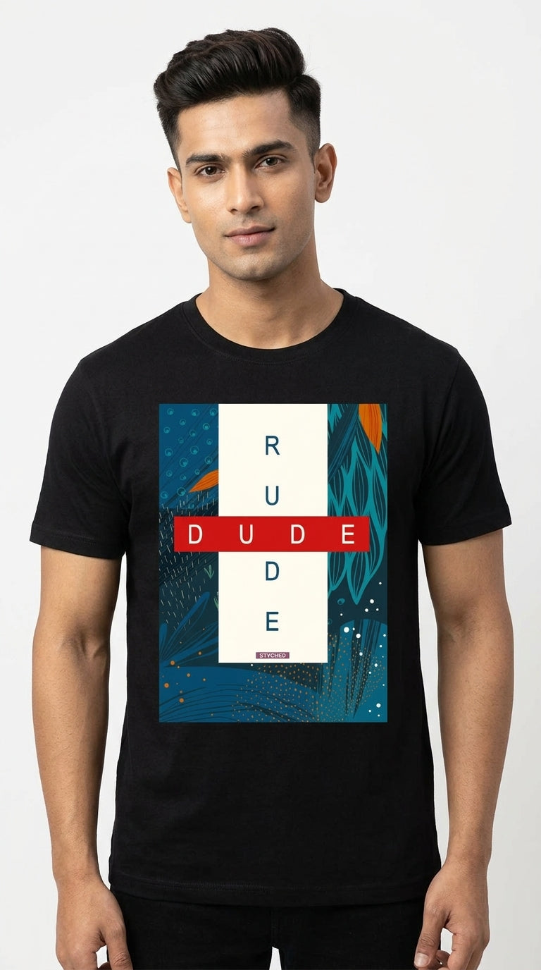 Rude Dude - Block printed Contemporary Casual TShirt Black