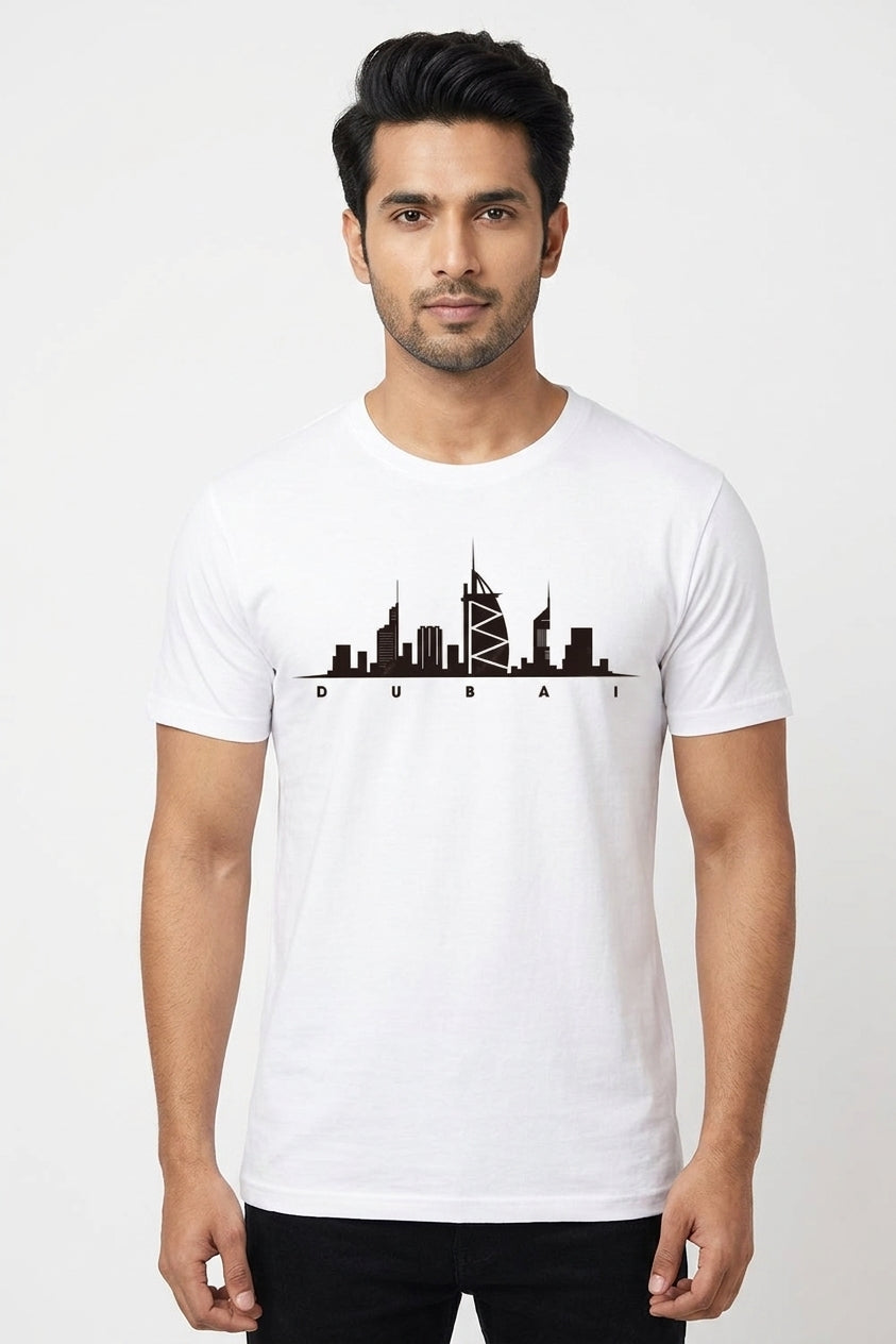 Dubai Skyline Graphic Printed White Tshirt