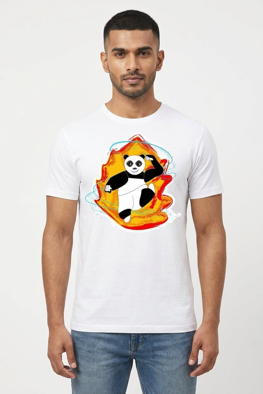 Panda On Fire Graphic Printed White Tshirt