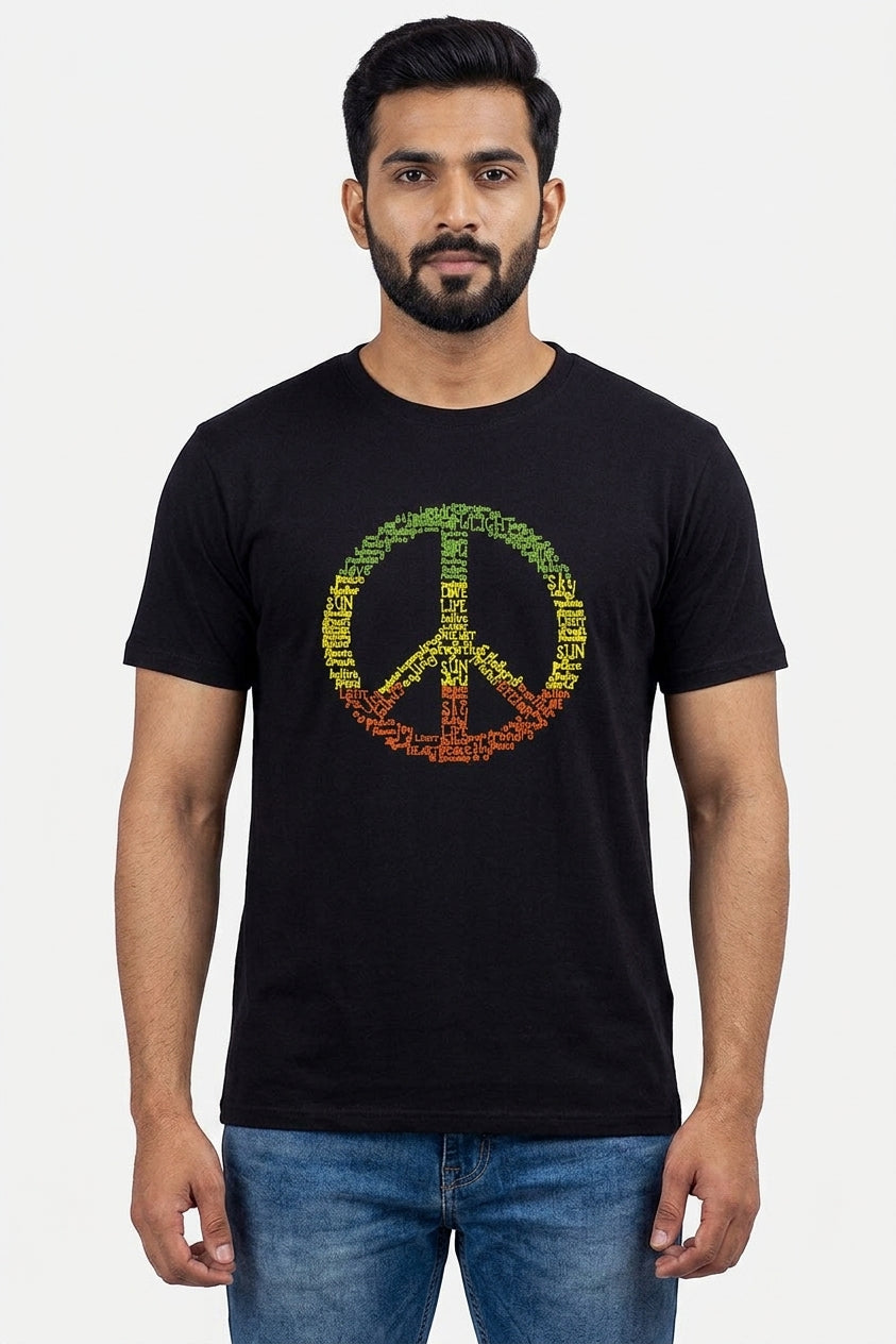 Peace Love Sign Colored Textual - Block Printed Black Tee