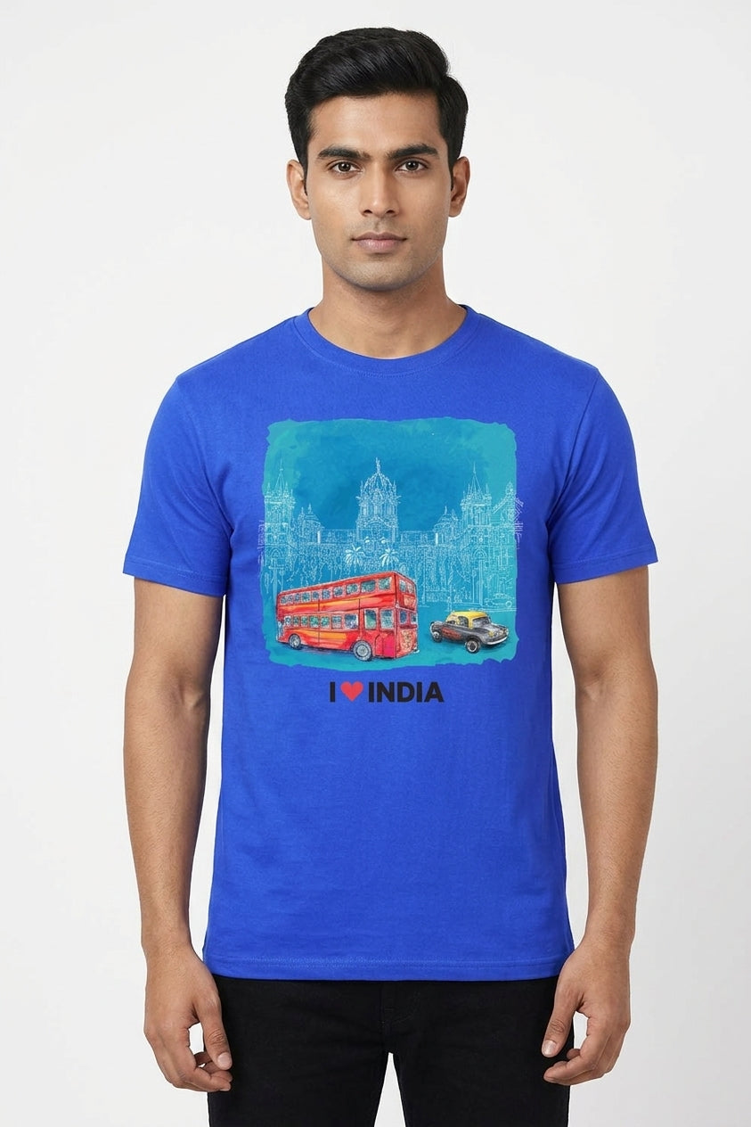 Mumbai Double Decker Bus - Styched in India Graphic T-Shirt Blue Color