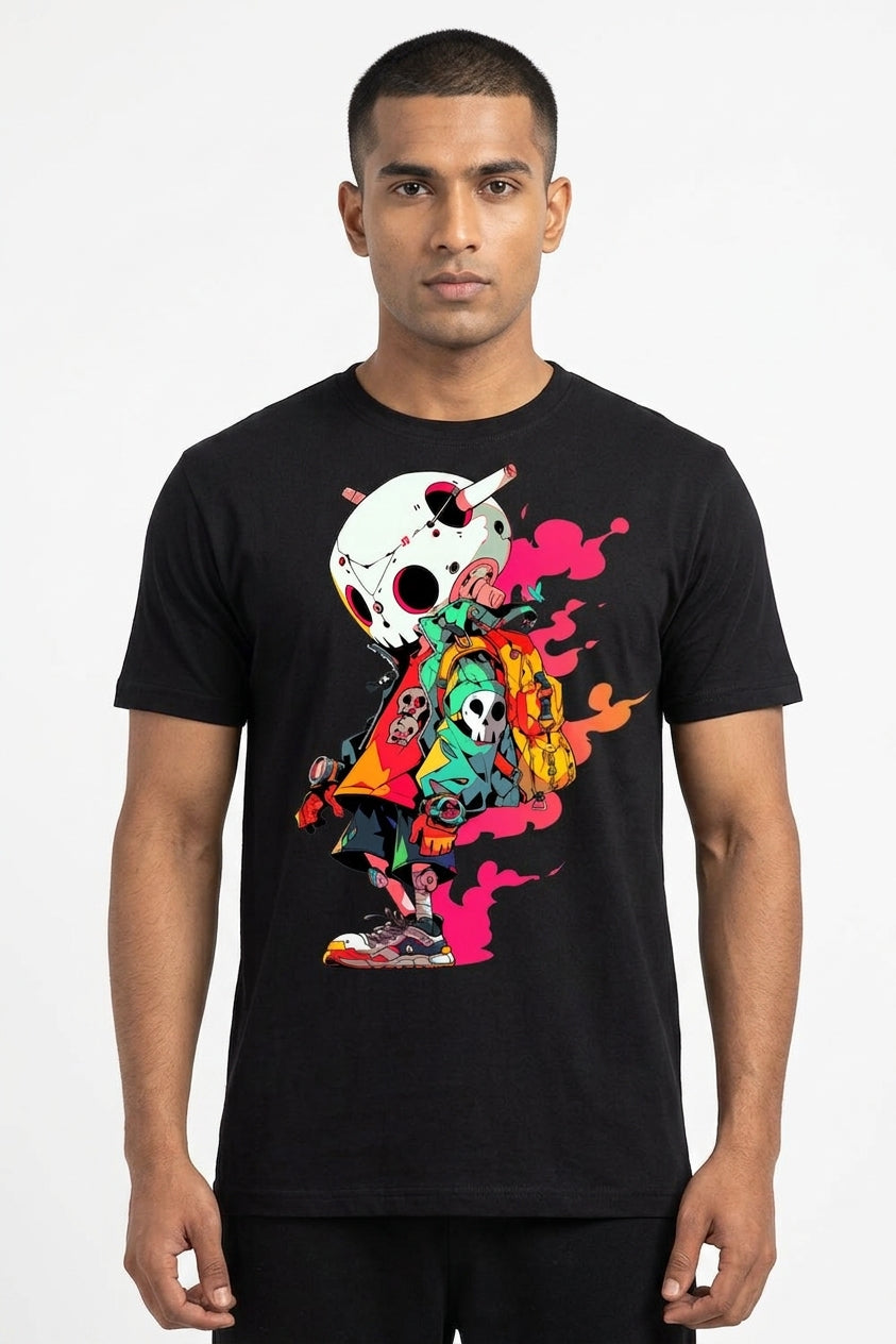 Pink Skull Graphic Printed Black Tshirt