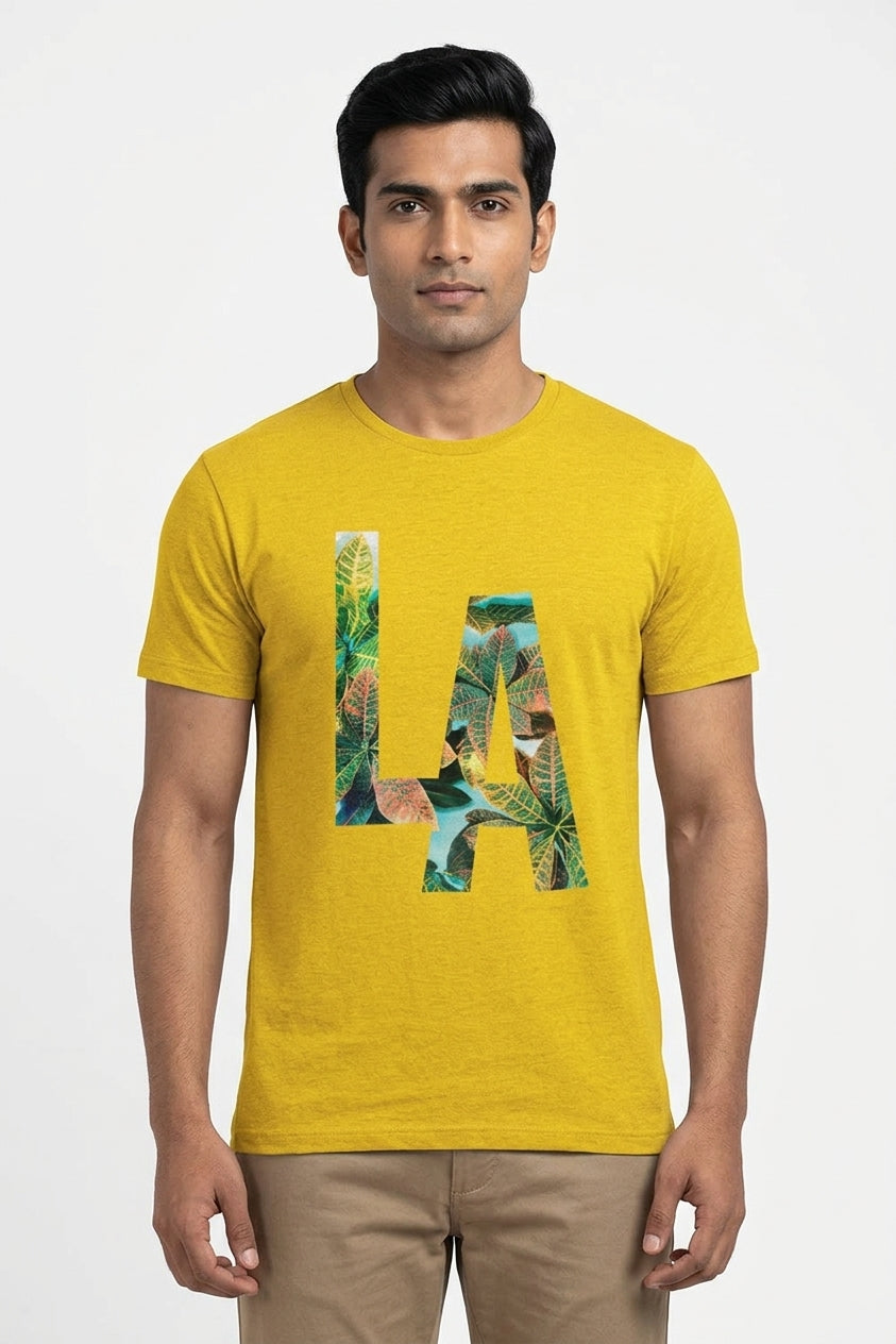LA Nature inspired Yellow Printed Cotton Casual Tee