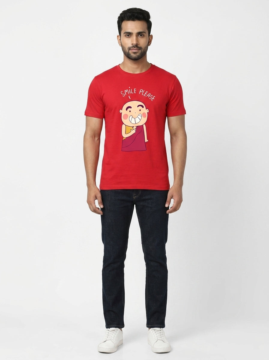 Smiling Monk Graphic Printed Red Tshirt