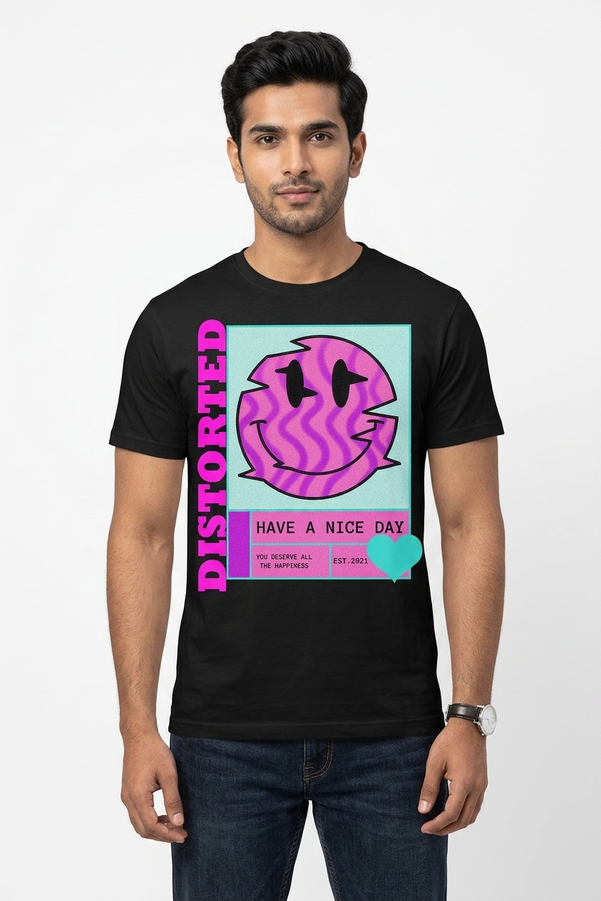 Distorted Graphic Printed Black Tshirt