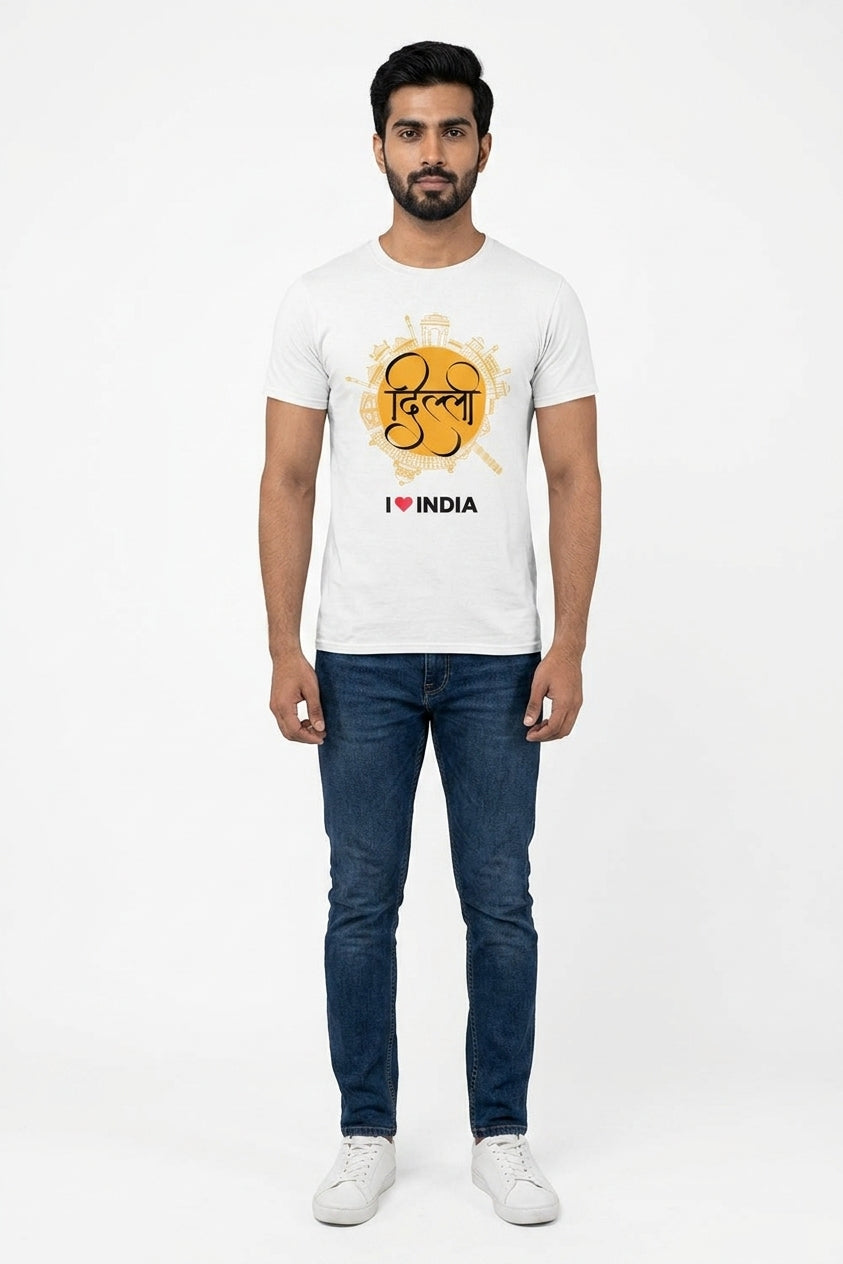 Delhi Hindi- Styched in India Graphic T-Shirt White Color