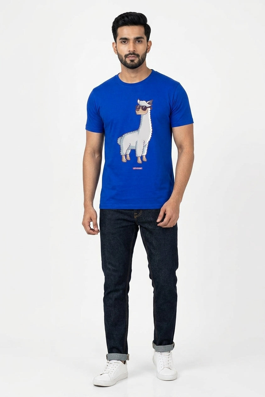 Cool Alpaca wearing sunglasses - Quirky Graphic T-Shirt Blue Color