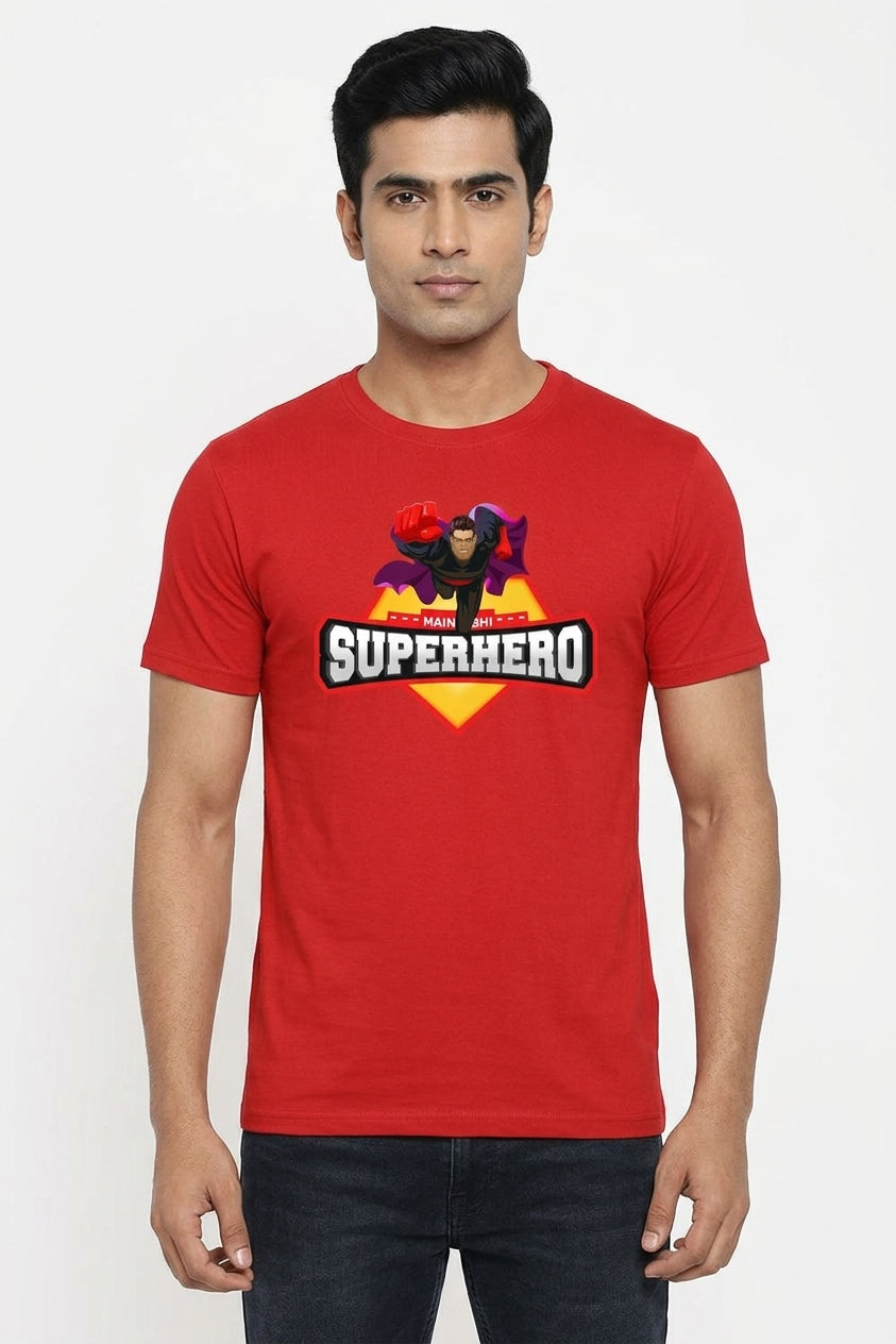 Main Bhi Superhero - Casual biowashed cotton red t-shirt
