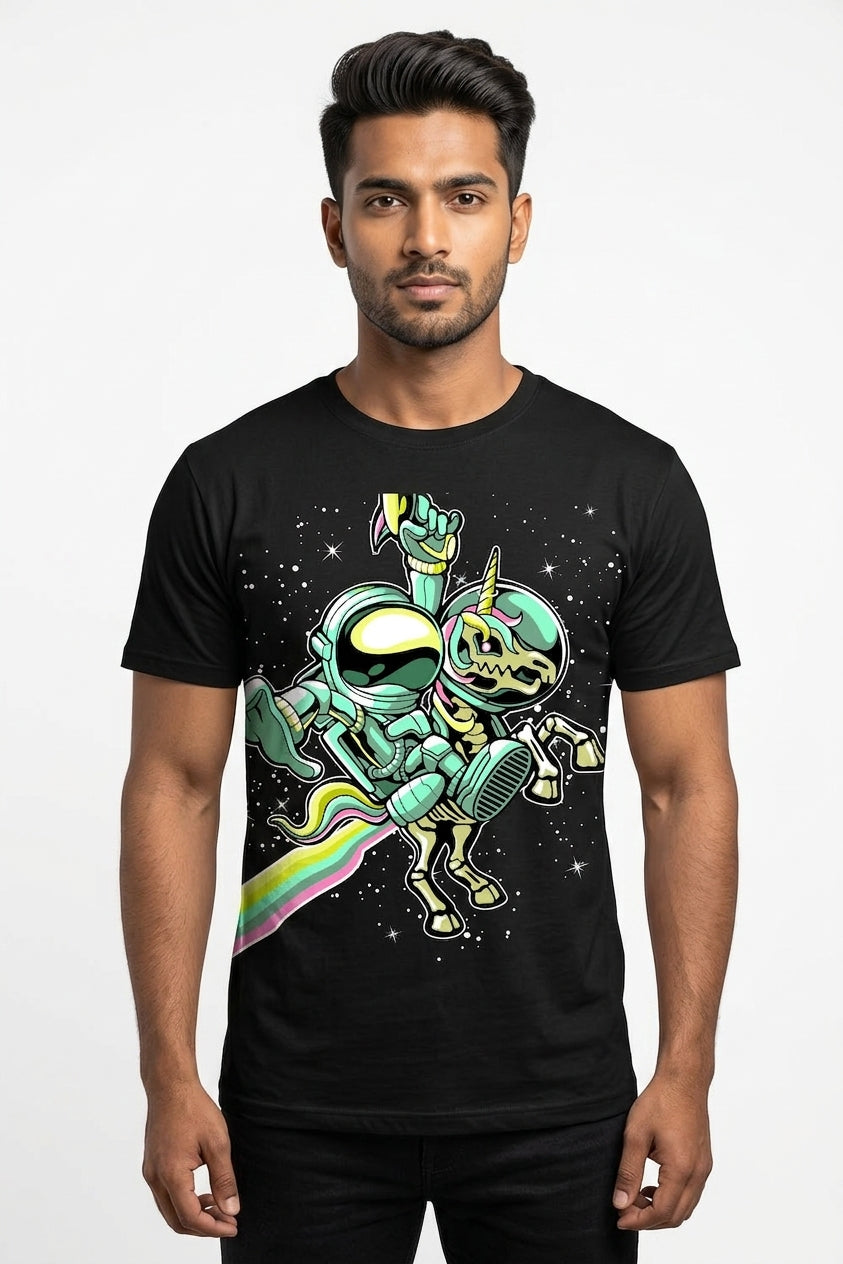 Astronaut And Unicorn Graphic Printed Black Tshirt
