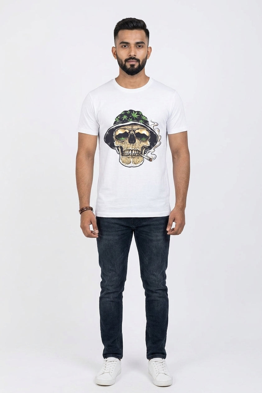 Weed Puffing Skeleton - White Casual Quirky T-Shirt