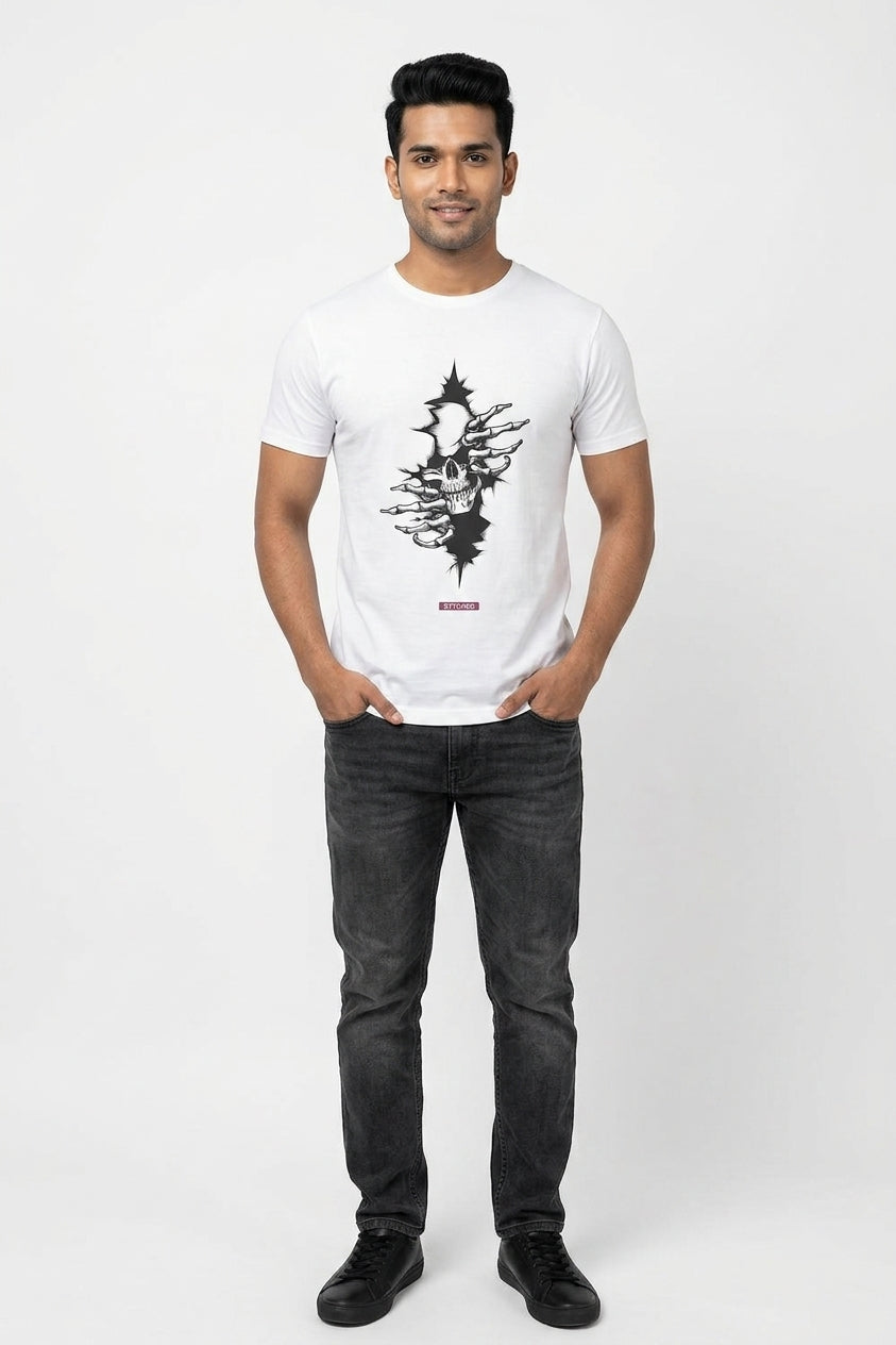 Illusion Print - Skull Tearing out White Casual Tshirt