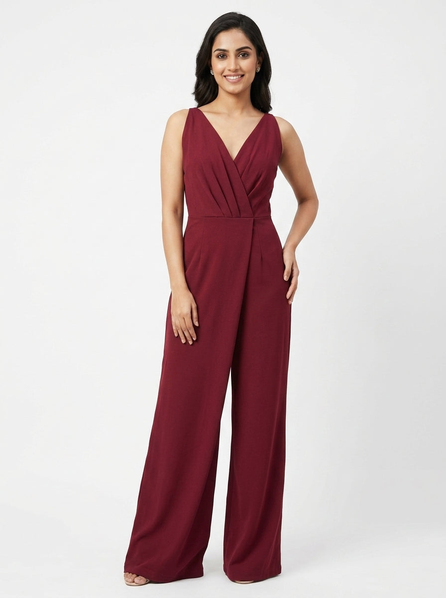 Berrylush Jumpsuit Solid Wine Polyester