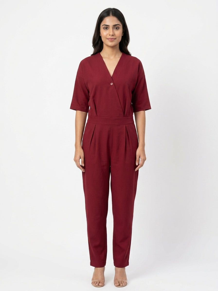 Jumpsuit Solid Maroon Polyester