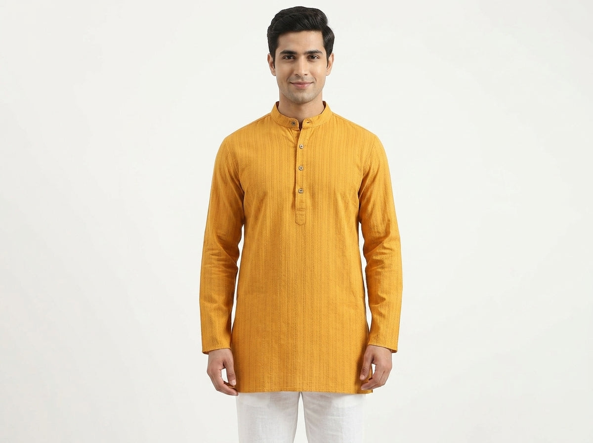 Ethos Kurta Self Design Mustard Cotton