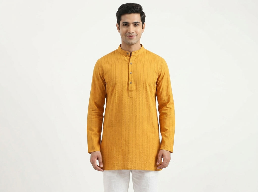 Ethos Kurta Self Design Mustard Cotton