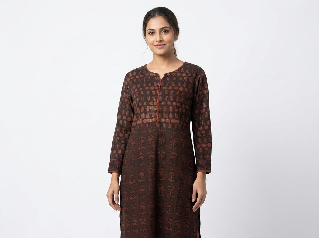 Women's Dark Brown Ethnic Print Cotton Kurti