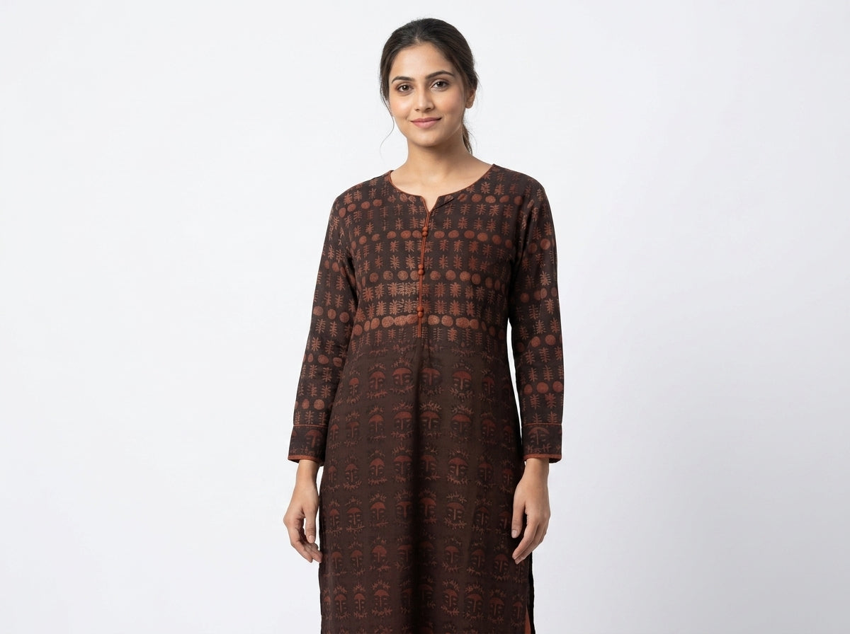 Women's Dark Brown Ethnic Print Cotton Kurti