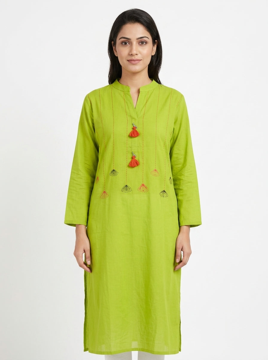 Green Self Design Relaxed Fit Kurti
