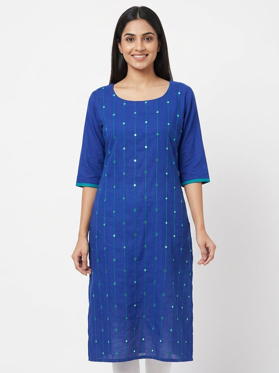 Blue Embellished Cotton Kurti