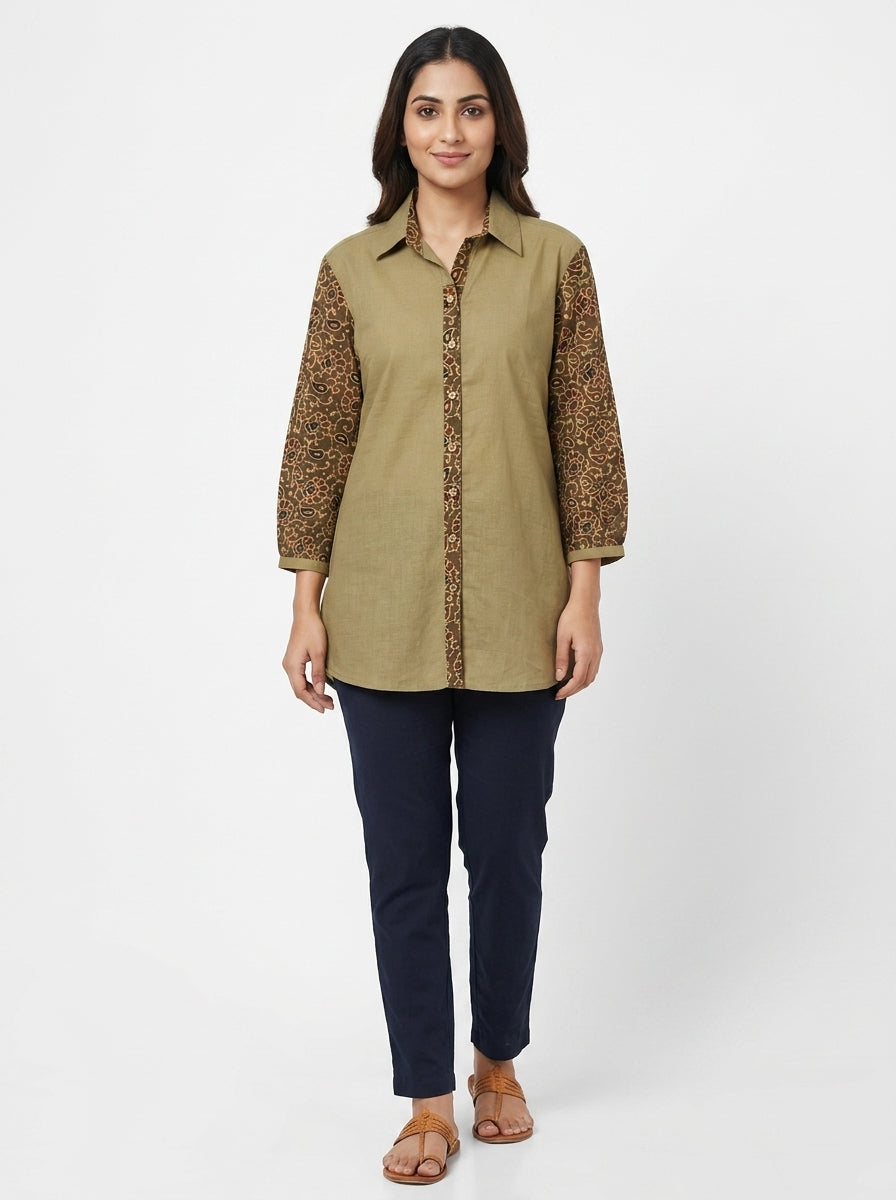 Olive Ethnic Print Cotton short Kurti