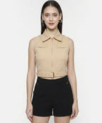 SAMMYUKK Gold Metal Zip Belted Crop Top - Sunset Gold
