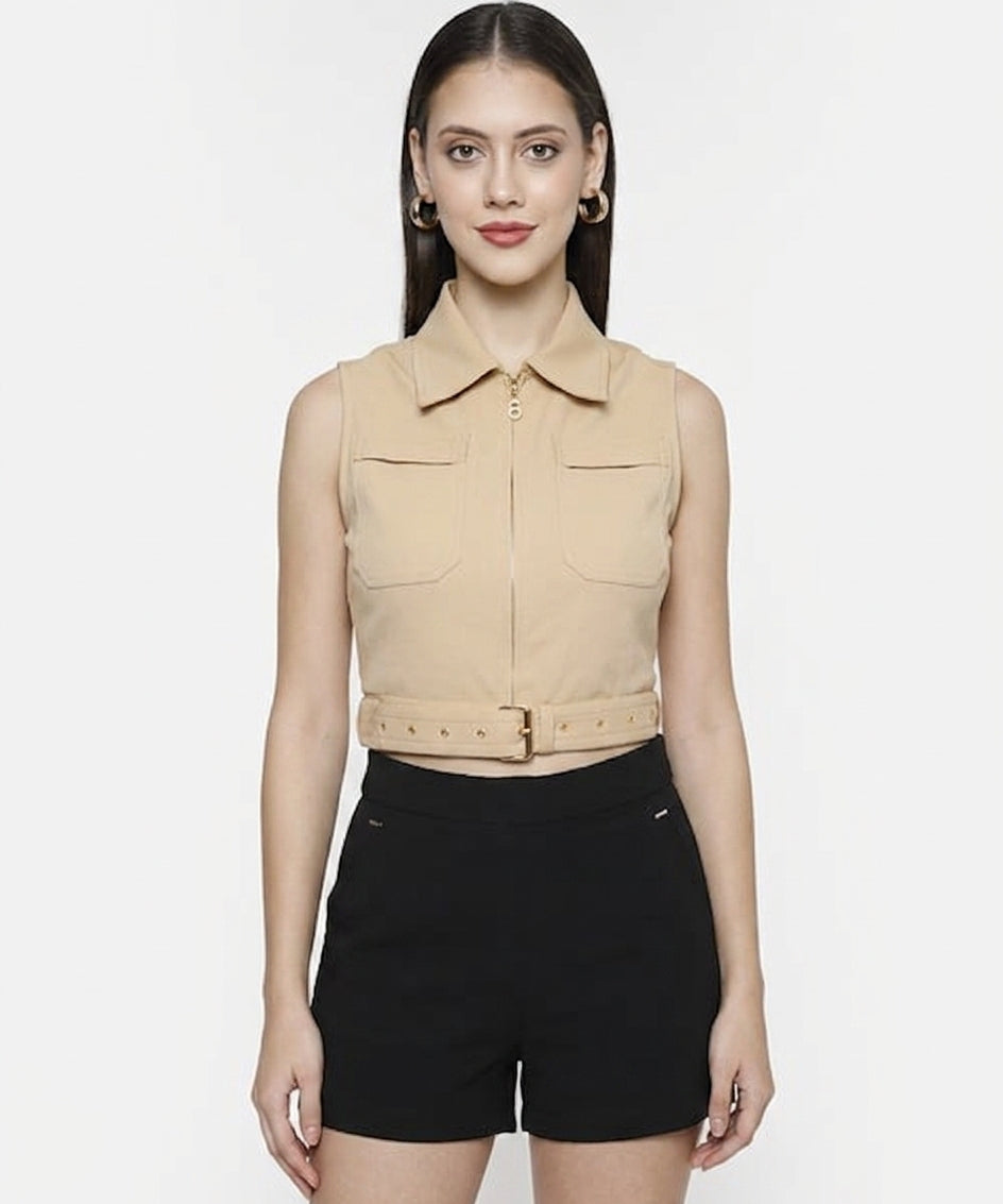 SAMMYUKK Gold Metal Zip Belted Crop Top - Sunset Gold