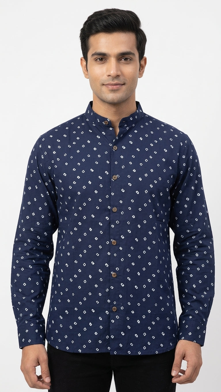 White Blue Printed Bandhani Unisex Shirt