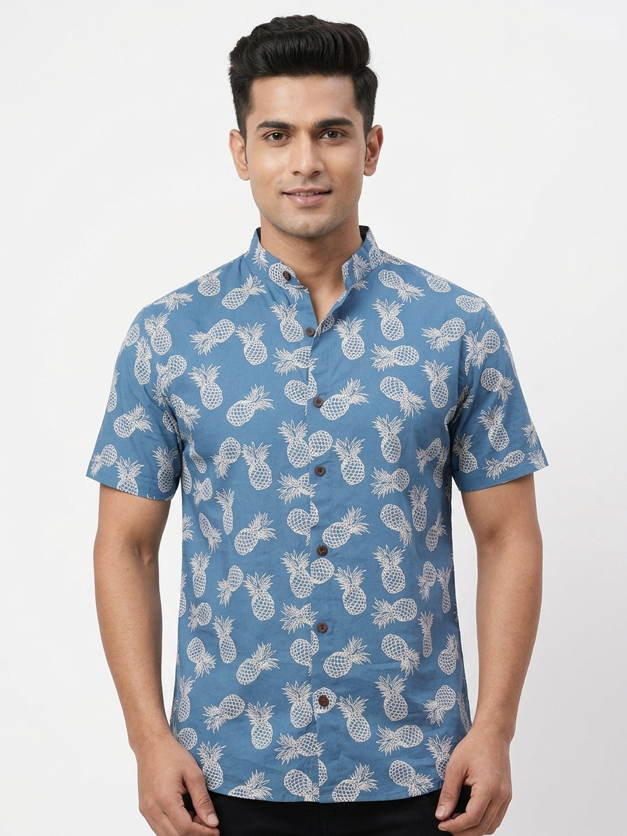 Cotton Slub Blue Pineapple Printed