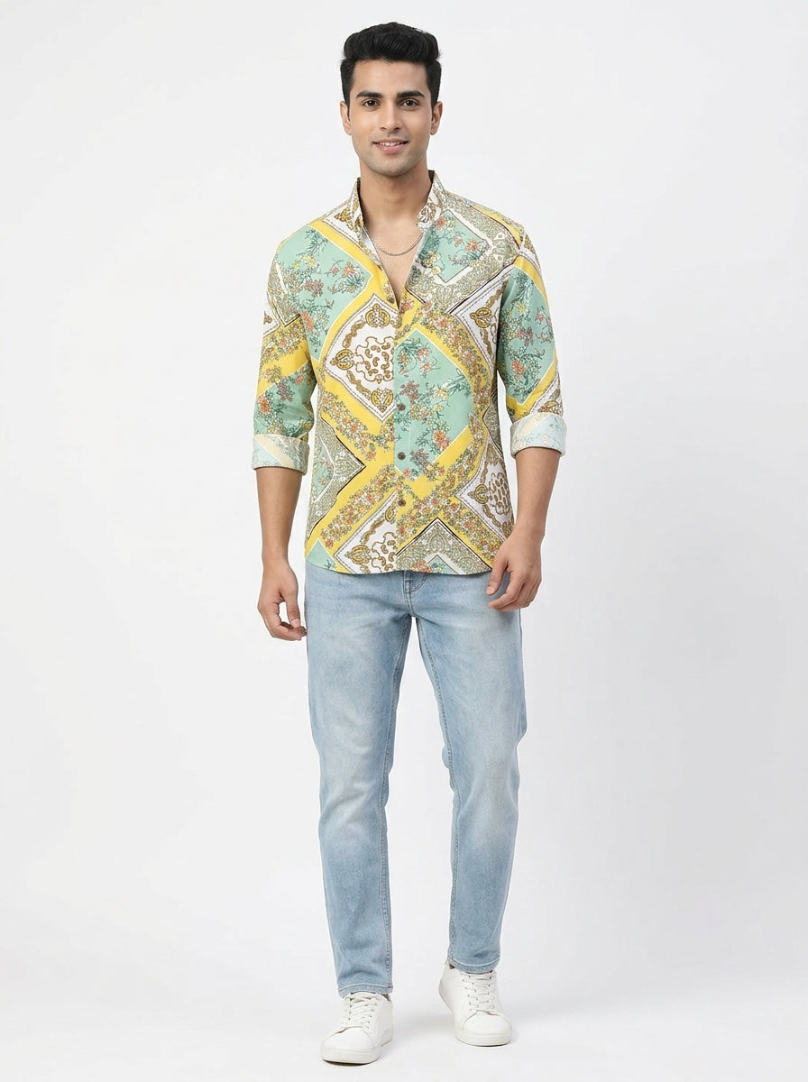 Cotton Rayon Printed Short White & Yellow