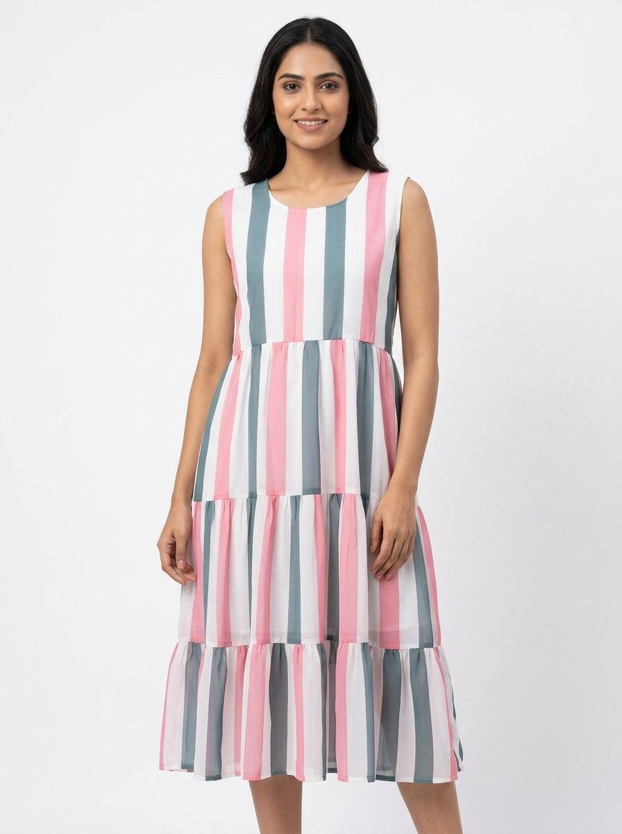 Multi-Color Striped Sleeveless Tiered Dress