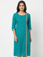 Teal Printed Straight Kurti