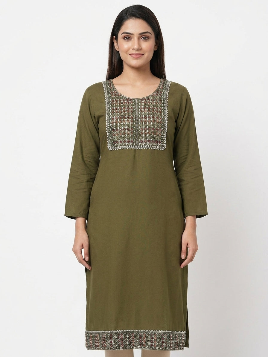 Olive Embellished Kurti with Sequin Work