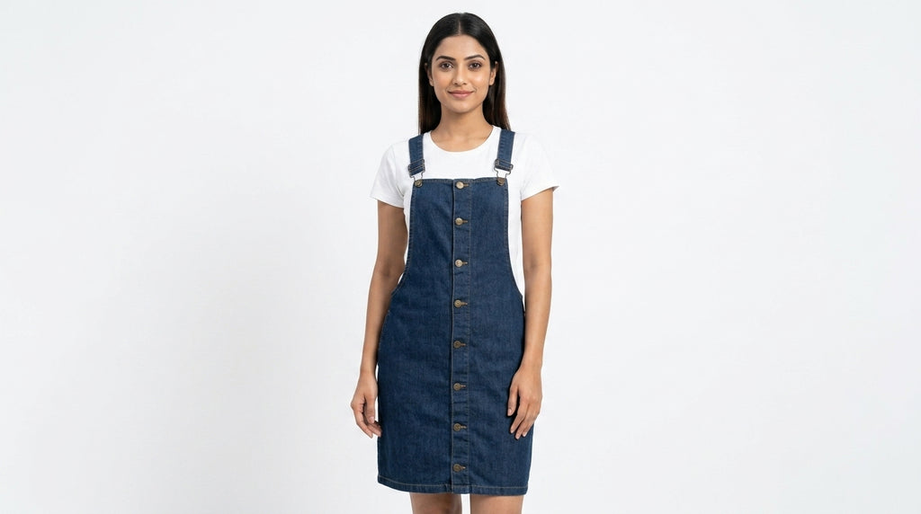 Dark Blue Denim Button-Front Pinafore Dress