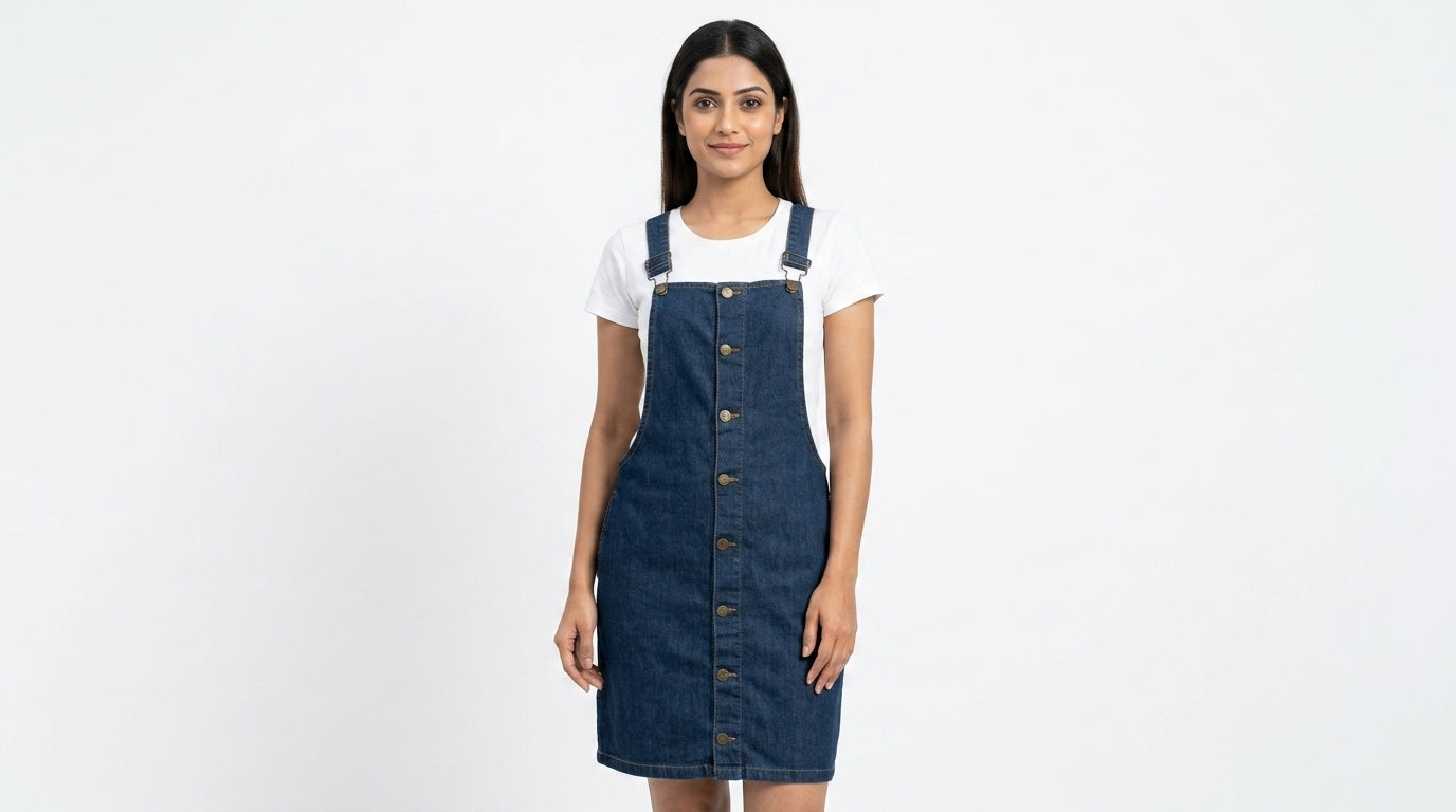 Dark Blue Denim Button-Front Pinafore Dress