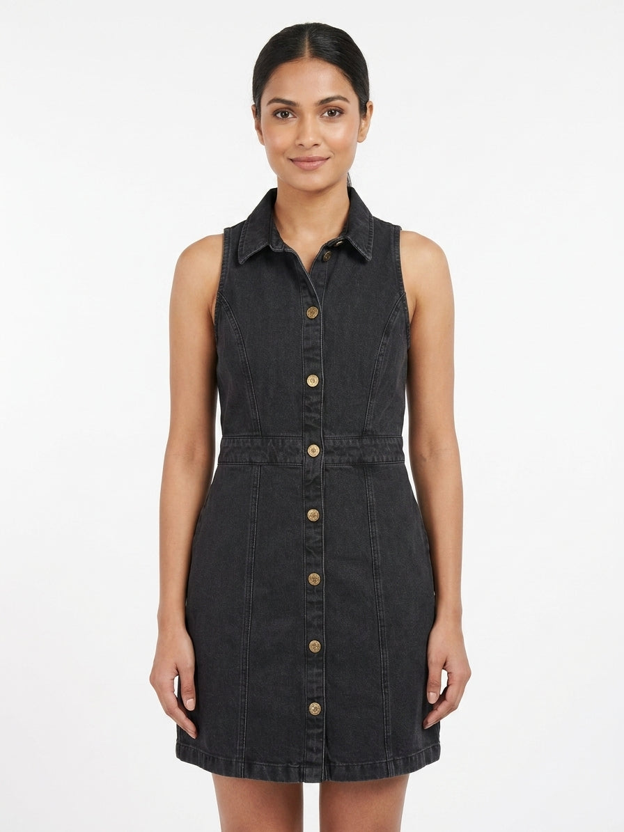 Black Sleeveless Denim Button-Front Dress