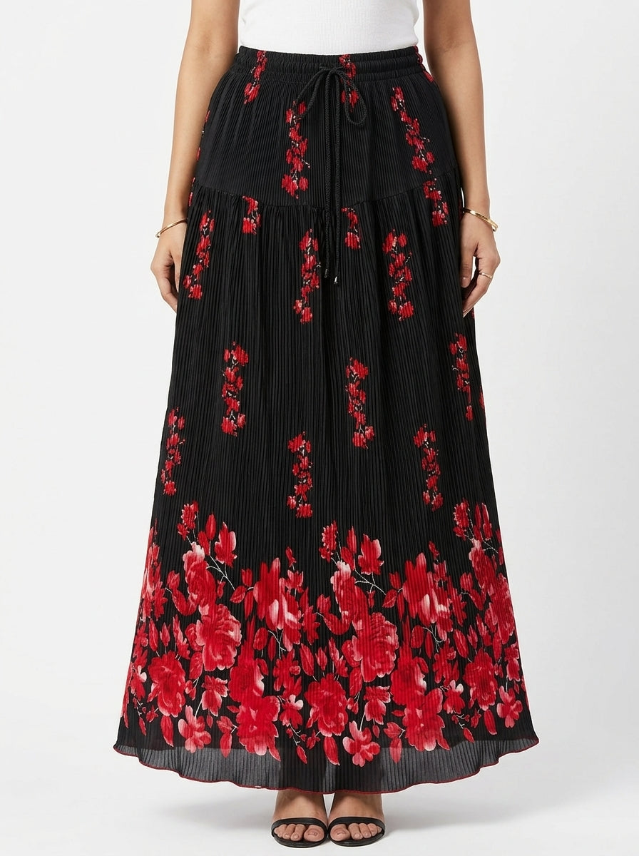 Black Floral Pleated Flared Skirt