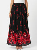 Black Floral Pleated Flared Skirt