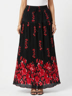 Black Floral Pleated Flared Skirt