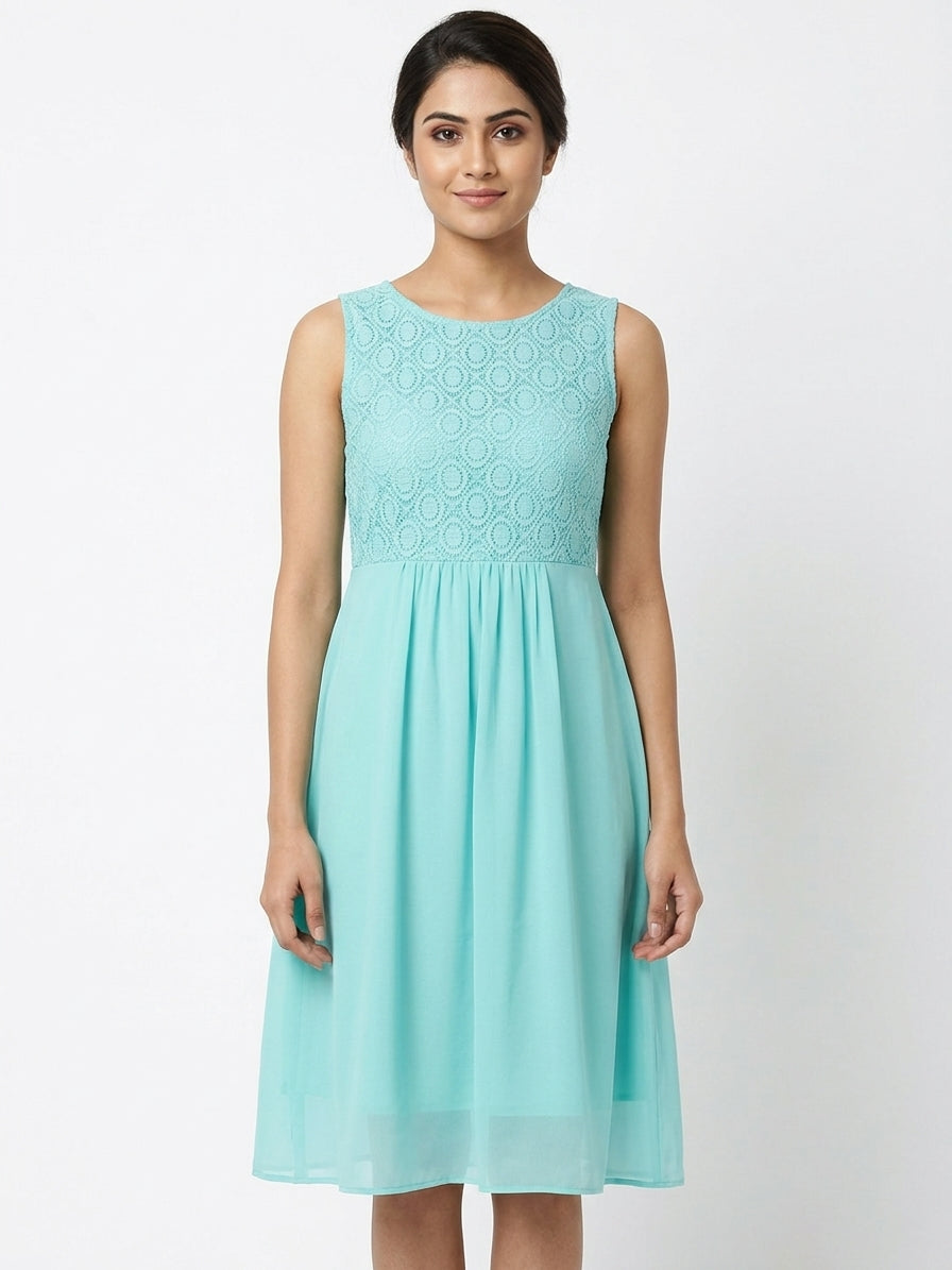 Sea Green Self Design Sleeveless A-Line Dress