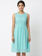 Sea Green Self Design Sleeveless A-Line Dress