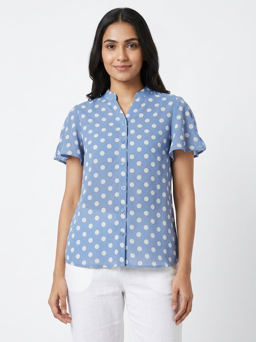 Blue Polka Dot Casual Blouse