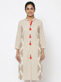 Women's Off White Printed Cotton Kurti with Red Tassels