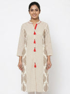 Women's Off White Printed Cotton Kurti with Red Tassels