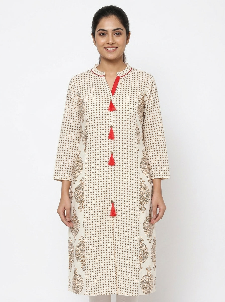 Women's Off White Printed Cotton Kurti with Red Tassels