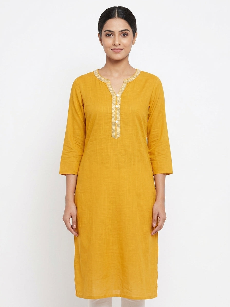 Mustard Solid V-Neck Kurta with Embroidered Neckline