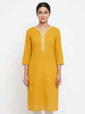 Mustard Solid V-Neck Kurta with Embroidered Neckline