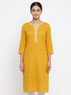 Mustard Solid V-Neck Kurta with Embroidered Neckline