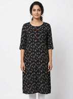 Black Printed Rayon Kurti with Red Buttons