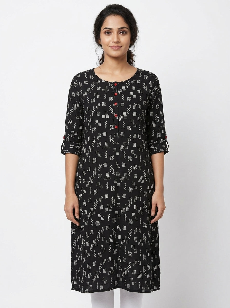 Black Printed Rayon Kurti with Red Buttons